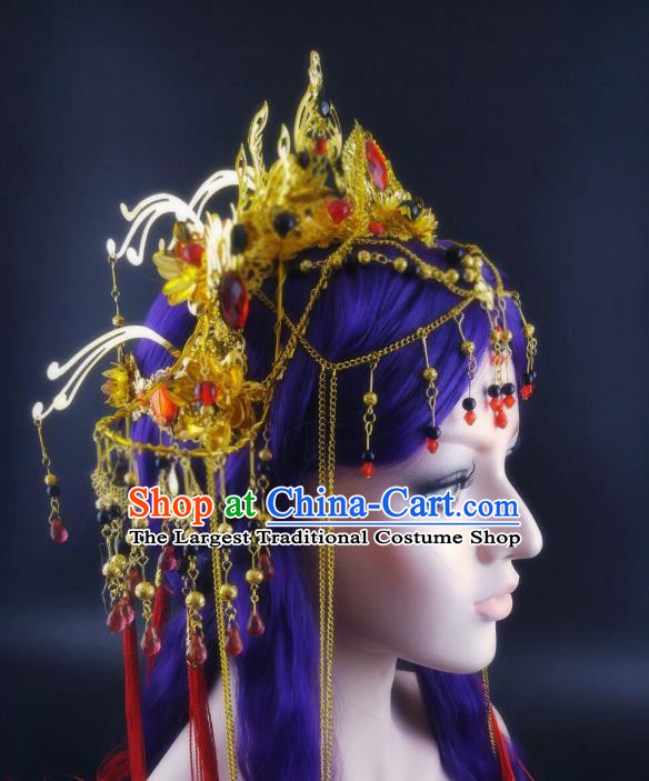 China Ancient Female Swordsman Headwear Handmade Traditional Cosplay Fairy Princess Golden Hair Crown