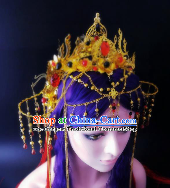 China Ancient Female Swordsman Headwear Handmade Traditional Cosplay Fairy Princess Golden Hair Crown