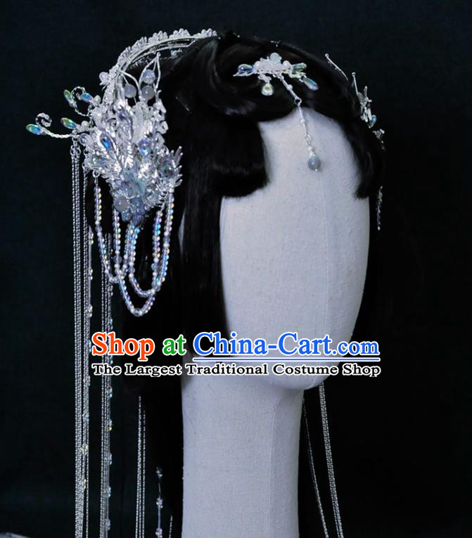 China Ancient Fairy Princess Headwear Handmade Traditional Cosplay Goddess Argent Tassel Hair Crown