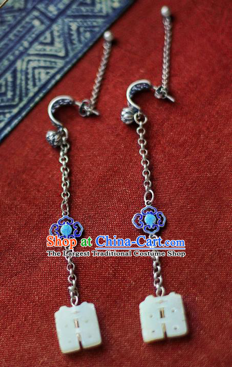 China Traditional Cheongsam Cloisonne Silver Ear Accessories National Wedding Jade Earrings