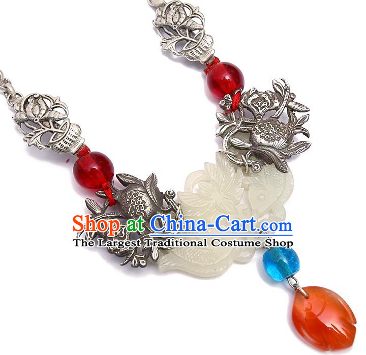 Chinese National Jade Necklace Pendant Miao Ethnic Silver Necklet Accessories