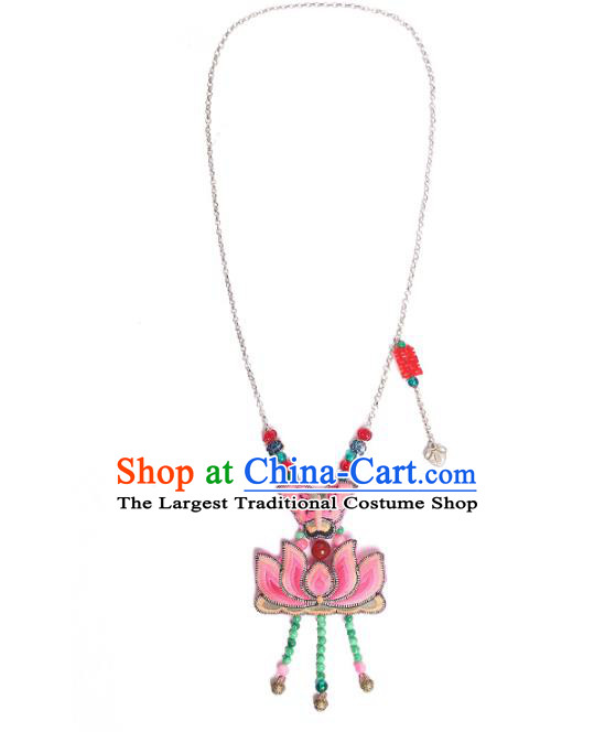 Chinese National Embroidered Pink Butterfly Lotus Necklace Pendant Miao Ethnic Tassel Necklet