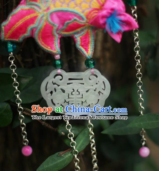 Chinese National Embroidered Pink Goldfish Necklace Miao Ethnic Jade Necklet Pendant