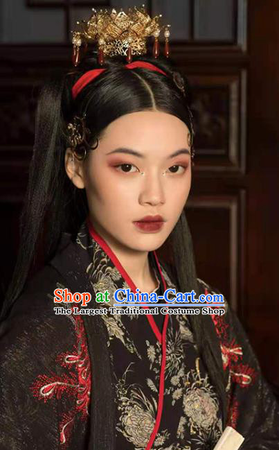 China Ancient Swordswoman Hair Accessories Traditional Tang Dynasty Taoist Nun Golden Lotus Hair Crown