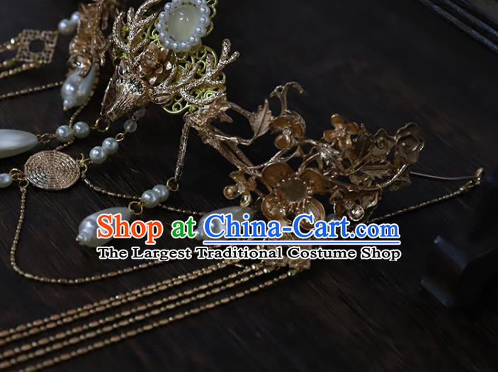 China Ancient Princess Golden Phoenix Coronet Traditional Ming Dynasty Pearls Tassel Hair Crown