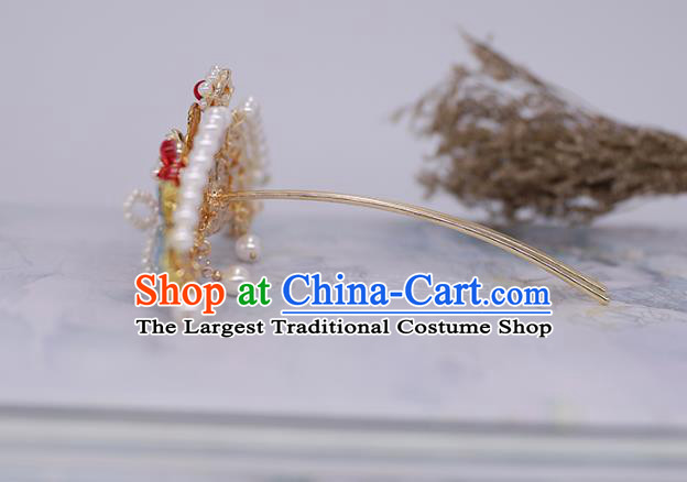China Ancient Palace Lady Pearls Hair Stick Traditional Ming Dynasty Blueing Hair Crown
