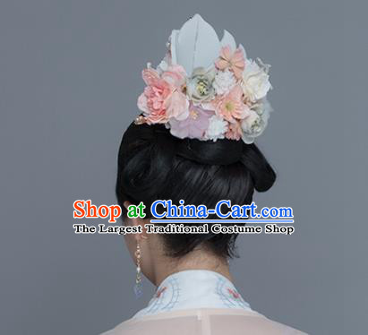 China Ancient Noble Lady Hair Accessories Traditional Song Dynasty Princess Pink Flowers Pearls Hair Crown