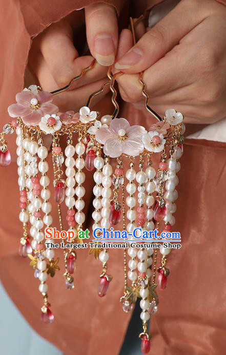 China Ancient Palace Lady Shell Plum Hairpins Traditional Ming Dynasty Princess Pearls Tassel Hair Stick