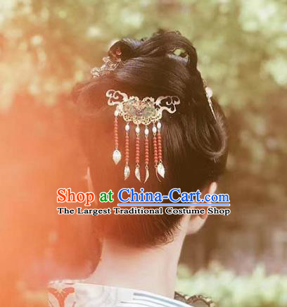 China Ancient Princess Red Beads Tassel Hairpin Traditional Ming Dynasty Young Lady Blueing Bat Hair Stick