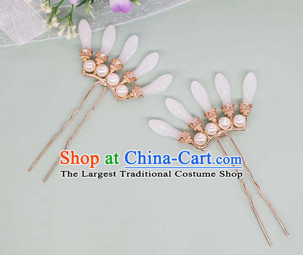 China Ancient Palace Lady White Bamboo Leaf Hairpin Traditional Song Dynasty Princess Pearls Hair Stick