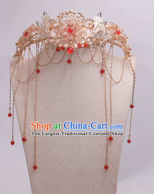 China Ancient Princess Tassel Hair Clasp Traditional Ming Dynasty Wedding Golden Peony Hair Crown