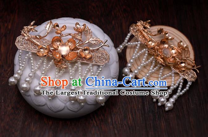 China Ancient Princess Golden Plum Hairpin Traditional Ming Dynasty Pearls Tassel Hair Claws