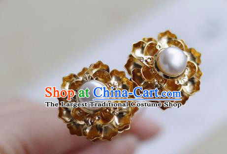 China Ancient Queen Pearl Hairpin Traditional Ming Dynasty Empress Golden Peony Hair Stick