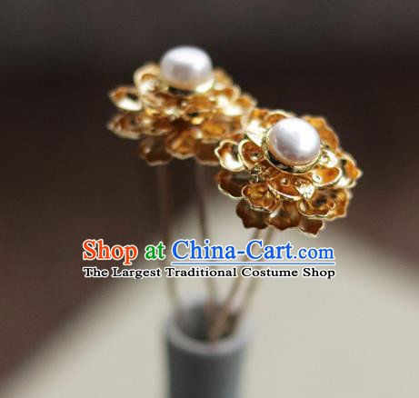 China Ancient Queen Pearl Hairpin Traditional Ming Dynasty Empress Golden Peony Hair Stick