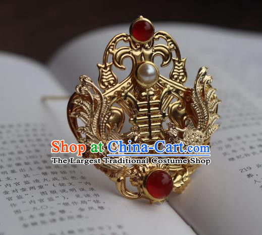 China Ancient Court Woman Pearls Hairpin Traditional Ming Dynasty Empress Golden Phoenix Hair Crown