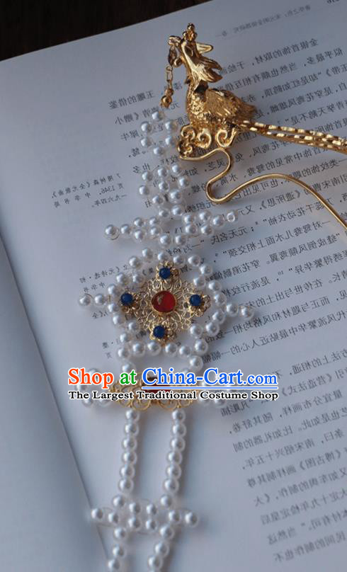 China Ancient Queen Pearls Tassel Hairpin Traditional Ming Dynasty Empress Golden Phoenix Hair Stick