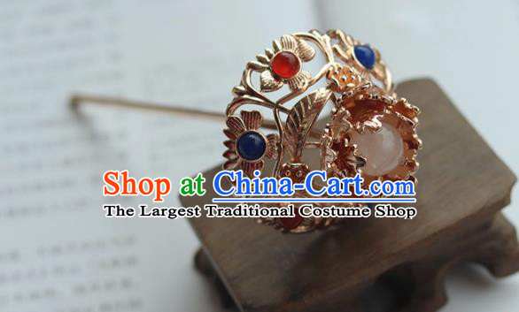 China Ancient Court Lady Gems Hairpin Traditional Ming Dynasty Empress Golden Hair Stick