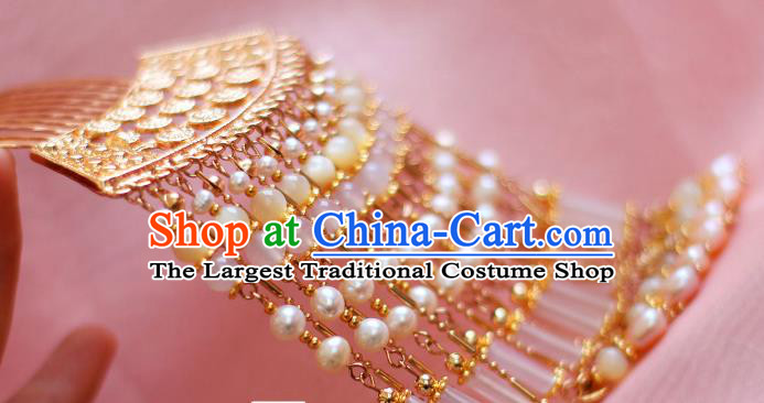 China Ancient Court Woman Golden Hairpin Traditional Tang Dynasty Empress Pearls Tassel Hair Comb