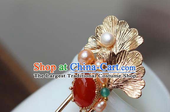 China Ancient Princess Agate Hairpin Traditional Tang Dynasty Empress Golden Ginkgo Leaf Hair Stick