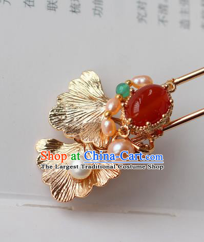 China Ancient Princess Agate Hairpin Traditional Tang Dynasty Empress Golden Ginkgo Leaf Hair Stick