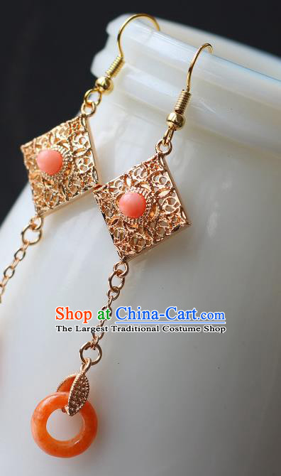 Chinese Traditional Qing Dynasty Court Lady Earrings Ancient Princess Coral Ring Ear Jewelry