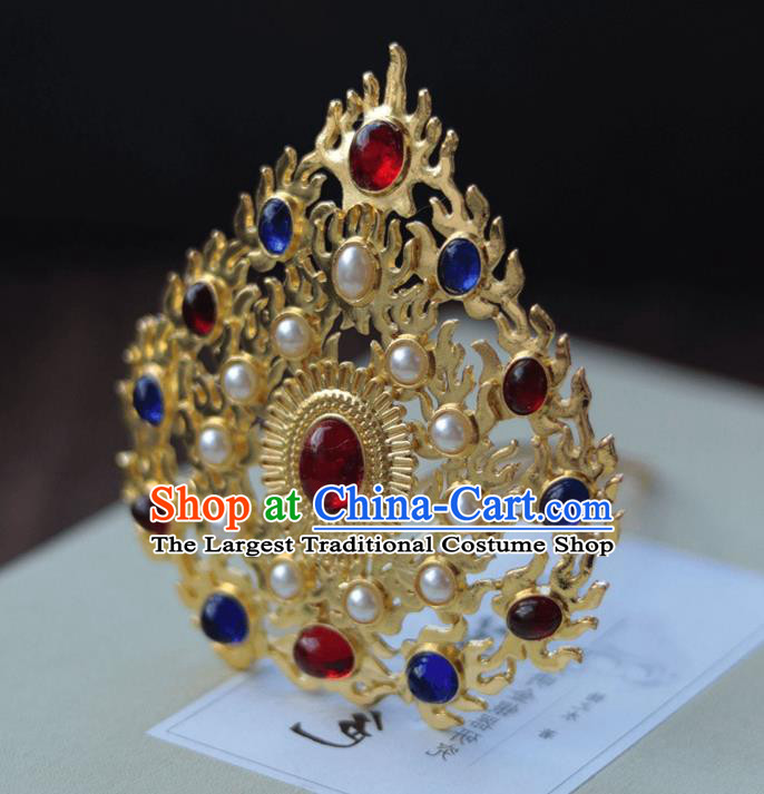 China Ancient Court Woman Golden Hairpin Traditional Ming Dynasty Empress Gems Pearls Hair Crown