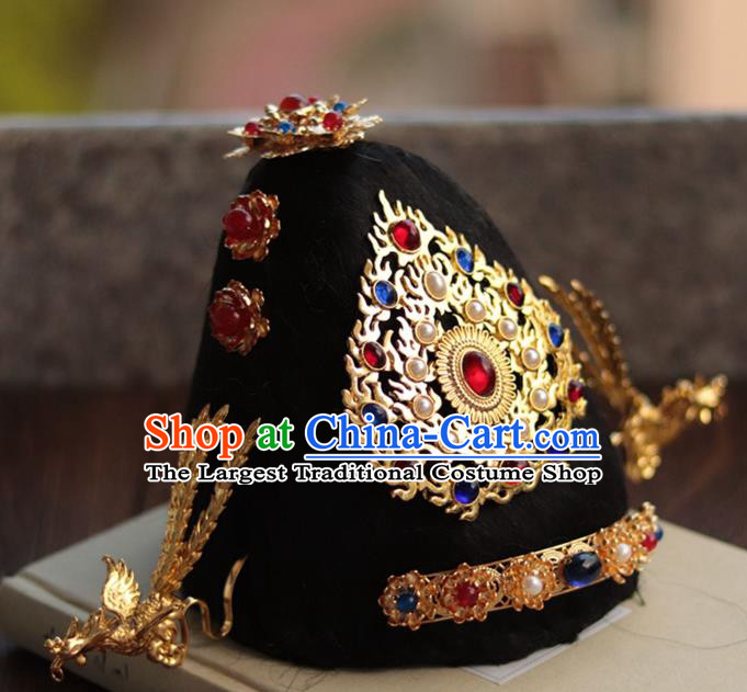 China Ancient Court Woman Golden Hairpin Traditional Ming Dynasty Empress Gems Pearls Hair Crown