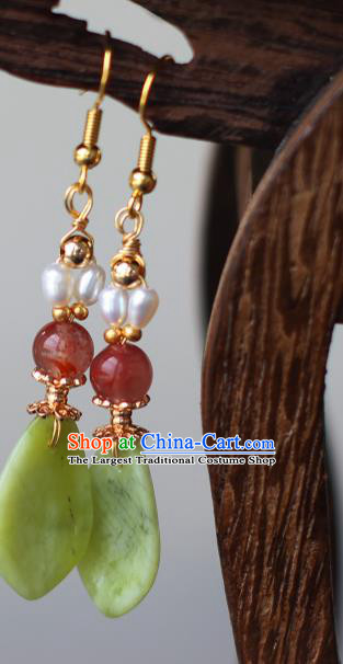 Chinese Traditional Ming Dynasty Court Lady Green Leaf Earrings Ancient Princess Pearls Ear Jewelry
