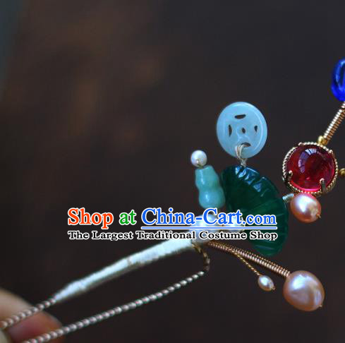 China Ancient Princess Pearls Jade Hairpin Traditional Qing Dynasty Queen Gems Hair Stick