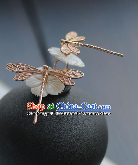 China Ancient Noble Lady Jade Hairpin Traditional Ming Dynasty Princess Golden Dragonfly Hair Stick