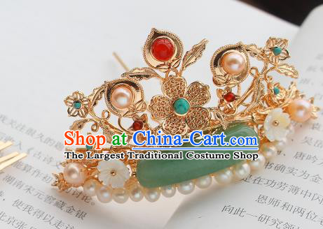China Ancient Court Woman Jade Pearls Hairpin Traditional Ming Dynasty Princess Golden Plum Hair Crown