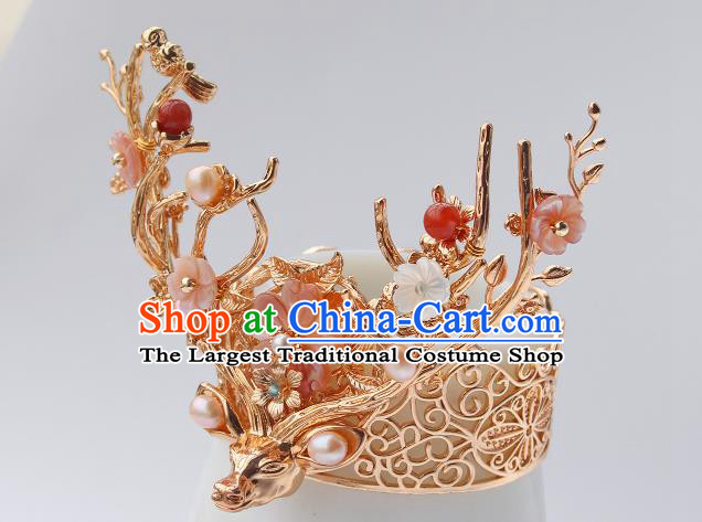 China Ancient Court Woman Plum Hair Accessories Traditional Ming Dynasty Princess Golden Deer Hair Crown