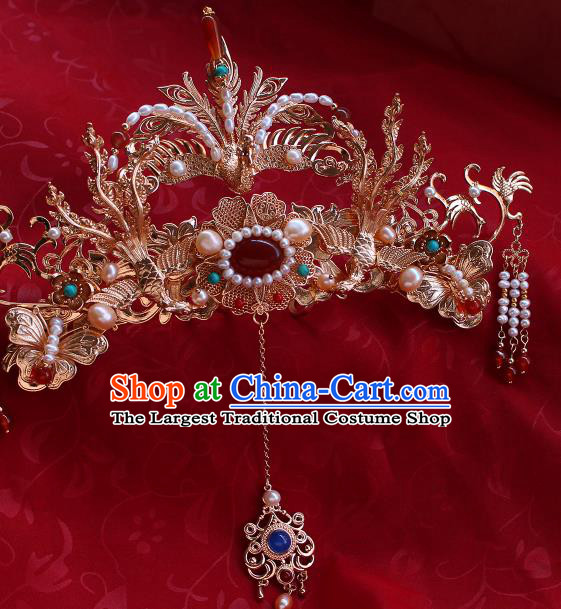 China Ancient Empress Phoenix Coronet Traditional Ming Dynasty Wedding Pearls Phoenix Hair Crown