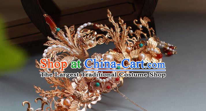 China Ancient Empress Phoenix Coronet Traditional Ming Dynasty Wedding Pearls Phoenix Hair Crown