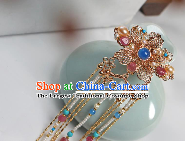 China Ancient Empress Golden Peony Hairpin Traditional Ming Dynasty Court Woman Pearls Tassel Hair Stick