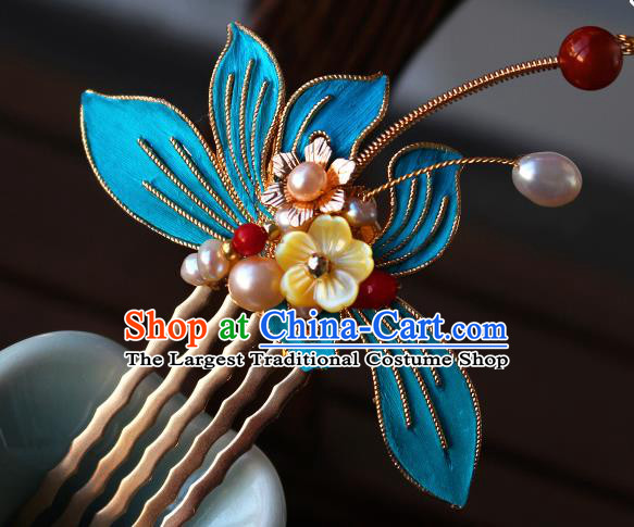 China Ancient Princess Pearls Hairpin Traditional Ming Dynasty Palace Lady Orchids Hair Comb