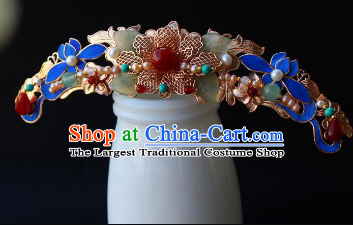 China Ancient Royal Empress Blue Lotus Hairpin Traditional Ming Dynasty Court Woman Gems Hair Crown