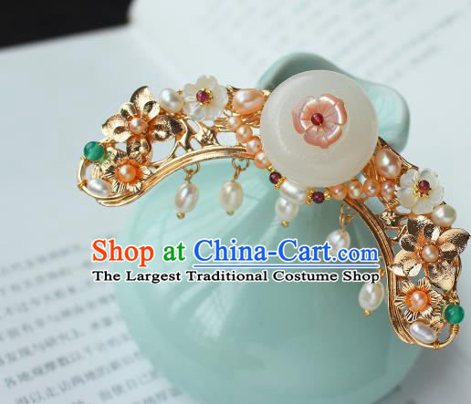 China Ancient Princess Jade Peace Buckle Hairpin Traditional Ming Dynasty Noble Lady Pearls Hair Crown