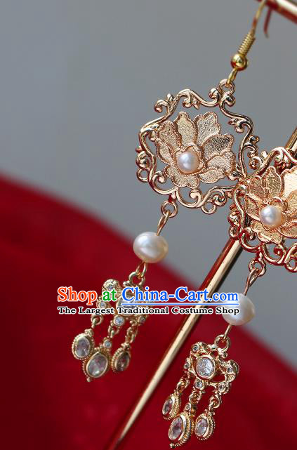 Chinese Traditional Qing Dynasty Queen Golden Earrings Ancient Empress Crystal Tassel Ear Jewelry