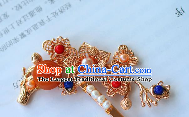 China Ancient Imperial Concubine Agate Pearls Hairpin Traditional Ming Dynasty Golden Plum Blossom Hair Stick