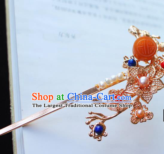 China Ancient Imperial Concubine Agate Pearls Hairpin Traditional Ming Dynasty Golden Plum Blossom Hair Stick