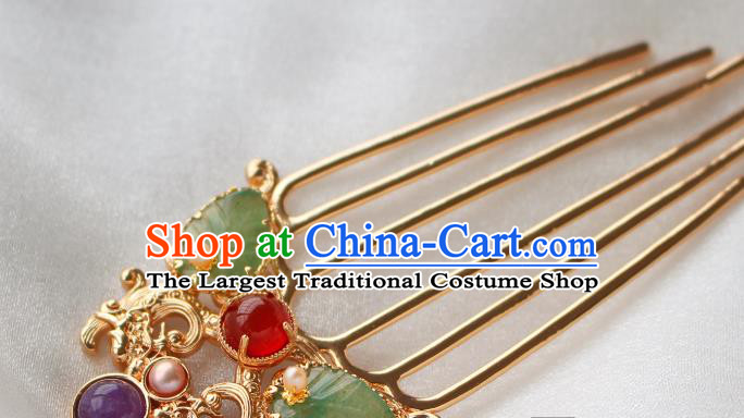 China Ancient Princess Jade Leaf Hairpin Traditional Tang Dynasty Golden Hair Comb