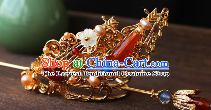 China Ancient Court Lady Hair Accessories Traditional Tang Dynasty Princess Golden Agate Hair Crown and Hairpin