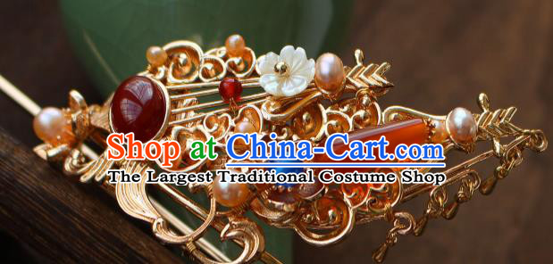 China Ancient Court Lady Hair Accessories Traditional Tang Dynasty Princess Golden Agate Hair Crown and Hairpin