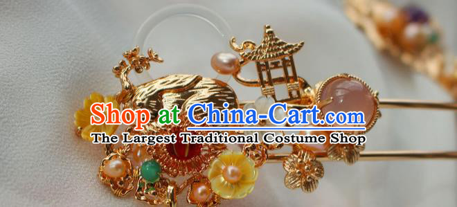 China Ancient Court Lady Golden Hair Stick Traditional Ming Dynasty Princess Pearls Tassel Hairpin