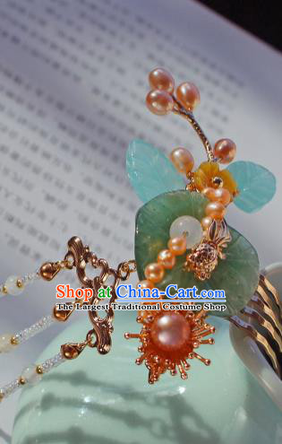 China Ancient Princess Jade Lotus Leaf Hairpin Traditional Song Dynasty Palace Lady Beads Tassel Hair Comb