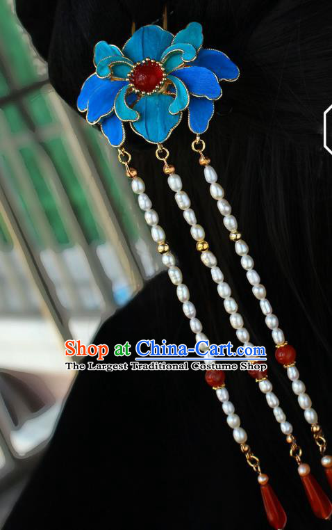 China Ancient Court Woman Blue Peony Hairpin Traditional Qing Dynasty Imperial Concubine Pearls Tassel Hair Stick