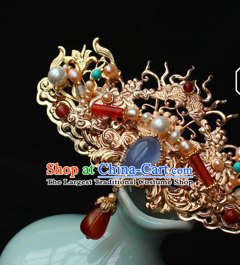 China Ancient Court Lady Agate Tassel Hairpin Traditional Ming Dynasty Imperial Concubine Golden Hair Crown