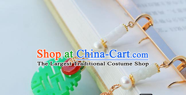 Chinese Traditional Wedding Cheongsam Jade Earrings Ancient Empress Pearl Ear Jewelry