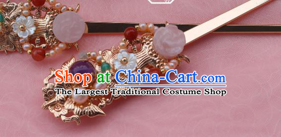 China Ancient Court Princess Golden Hairpin Traditional Ming Dynasty Palace Lady Pearls Hair Stick